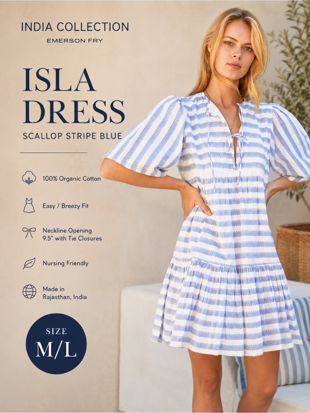 Emerson Fry‎ India Collection Isla Dress Scallop Stripe Blue Size M/L